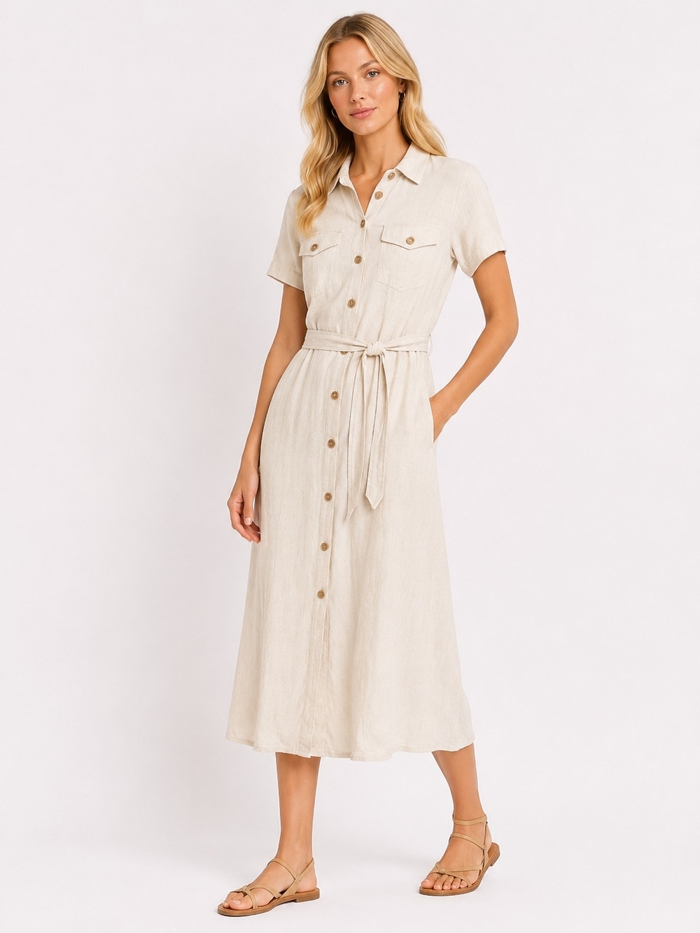 Stradivarius Size Xa Beige Button-Front Shirt Midi Shirt Dress